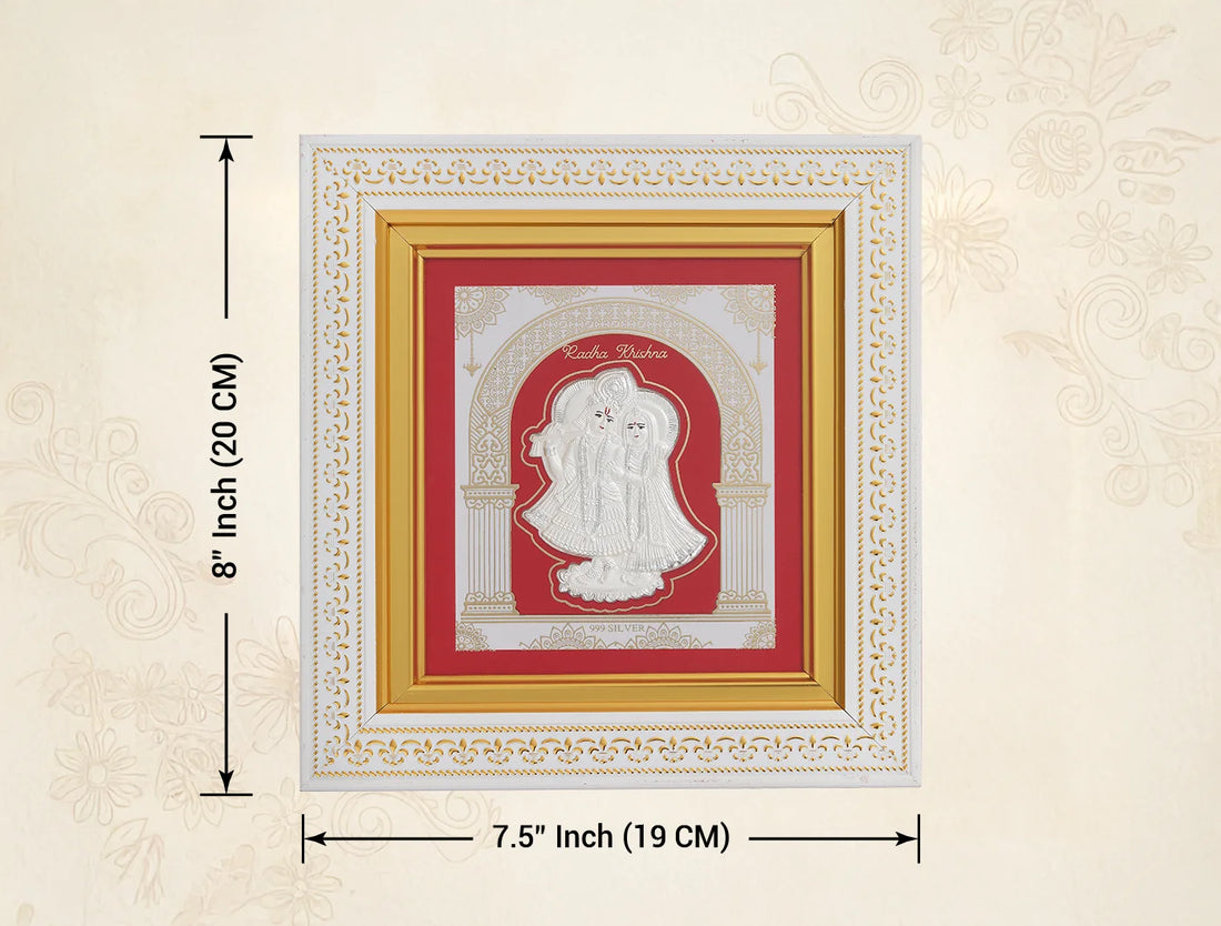Pure silver Radhakrishna framed artwork by Bhagwati Jewels, featuring intricate divine home decor in a silver frame.