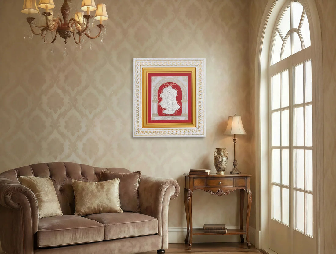 Silver Radhakrishna frame by Bhagwati Jewels, featuring pure silver craftsmanship, ideal for divine home decor display.