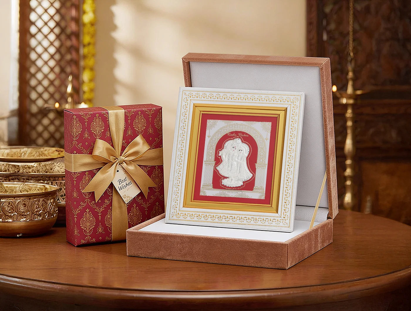 Silver Radhakrishna frame in 999 pure silver by Bhagwati Jewels, showcasing intricate divine home decor artwork.