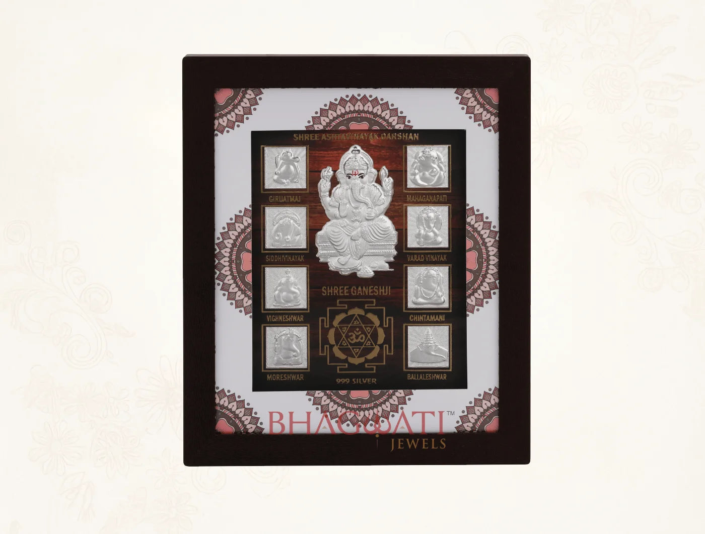 999 Pure Silver Ashta Ganesh Frame with ten silver Ganesh symbols in a decorative wall mount design.
