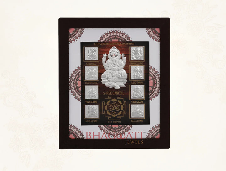 999 Pure Silver Ashta Ganesh Frame with ten silver Ganesh symbols in a decorative wall mount design.