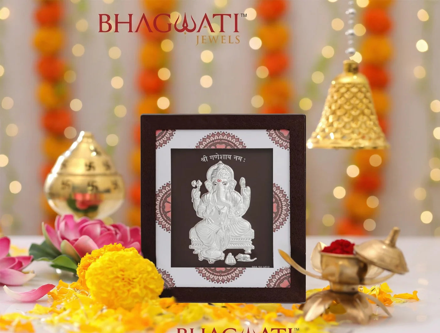 999 Pure Silver Ashta Ganesh Frame displayed with flowers and festive decor, perfect for home and office.