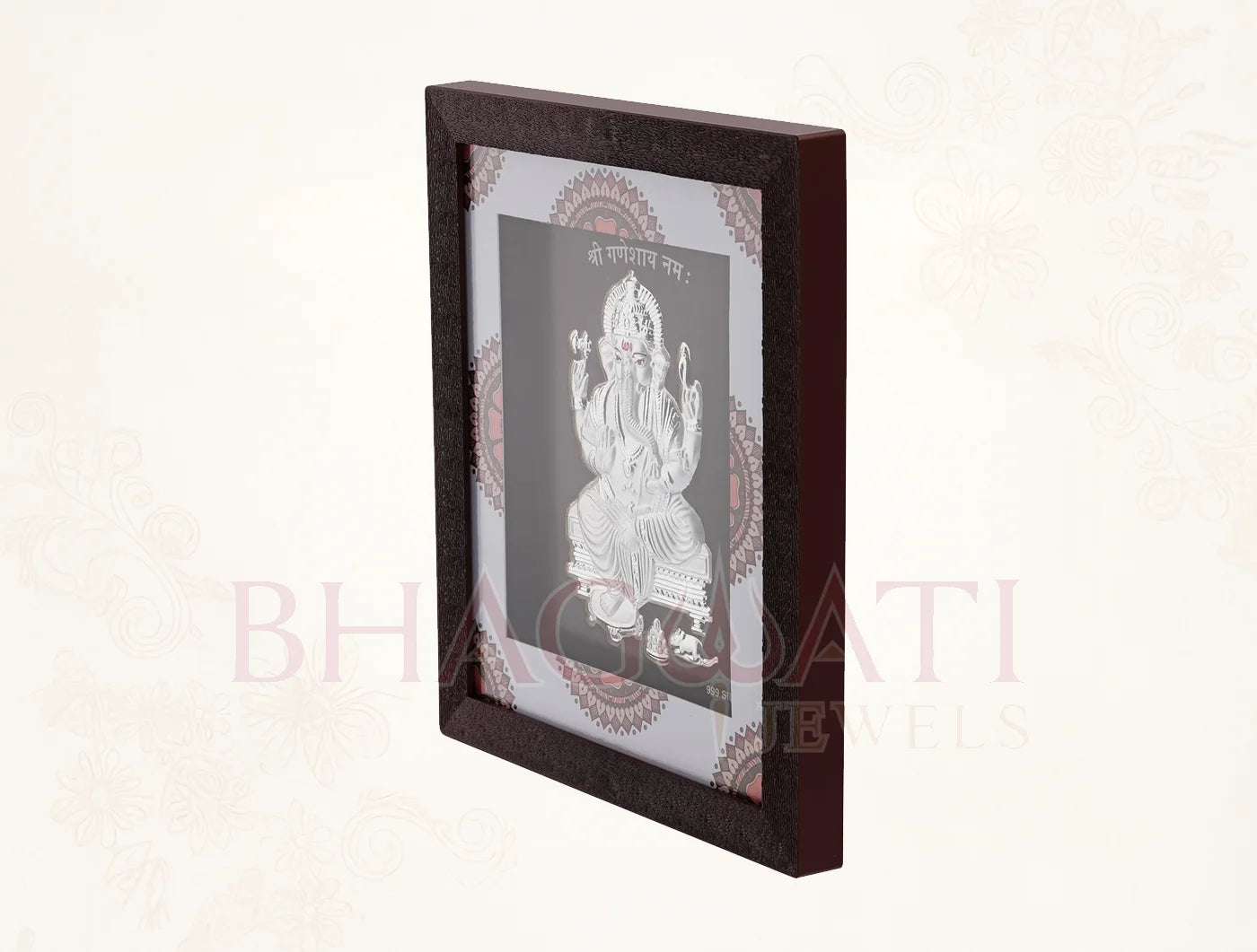 999 Pure Silver Ashta Ganesh Frame in a decorative wooden frame for home decor or gifting.