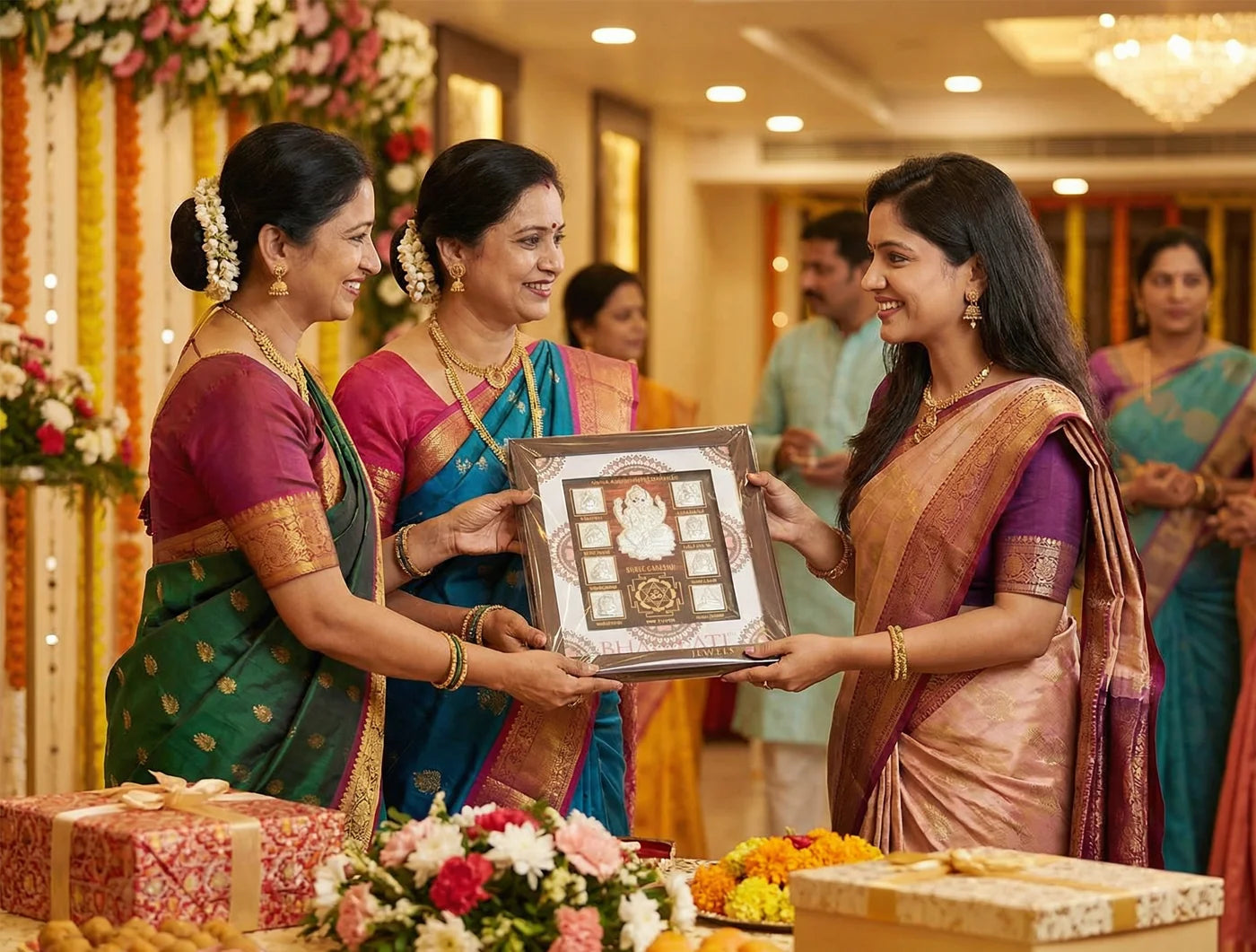 Women exchanging a 999 Pure Silver Ashta Ganesh Frame during a celebration, showcasing traditional attire and joyous occasion.