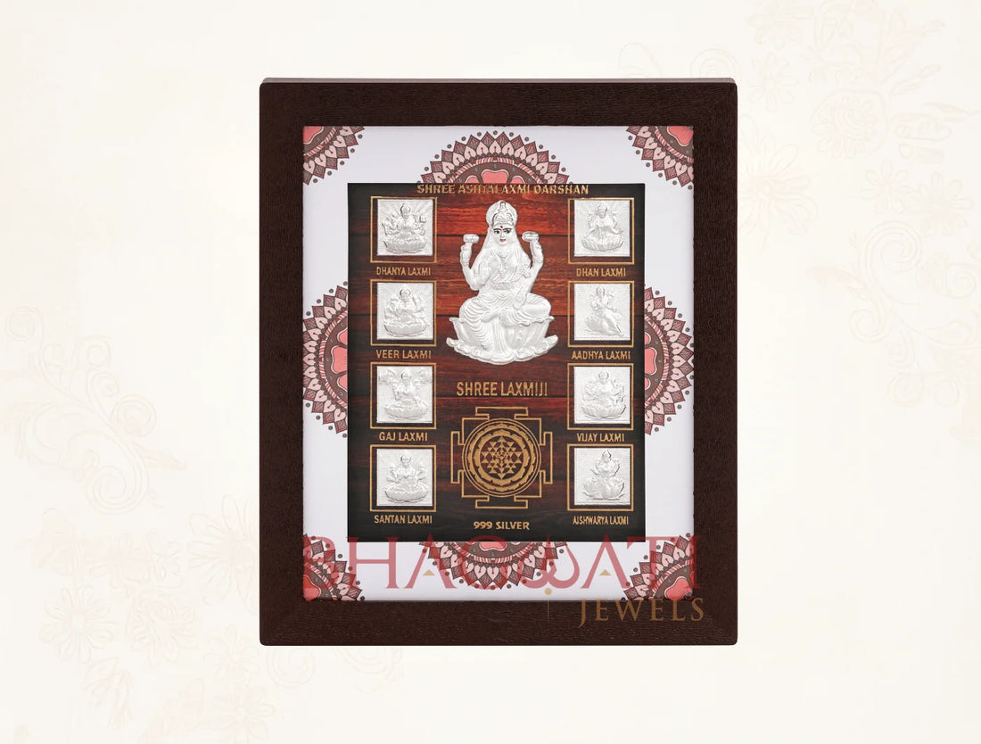 999 Pure Silver Ashta Laxmi Frame by Bhagwati Jewels, featuring intricate divine Laxmi goddess design for home decor.