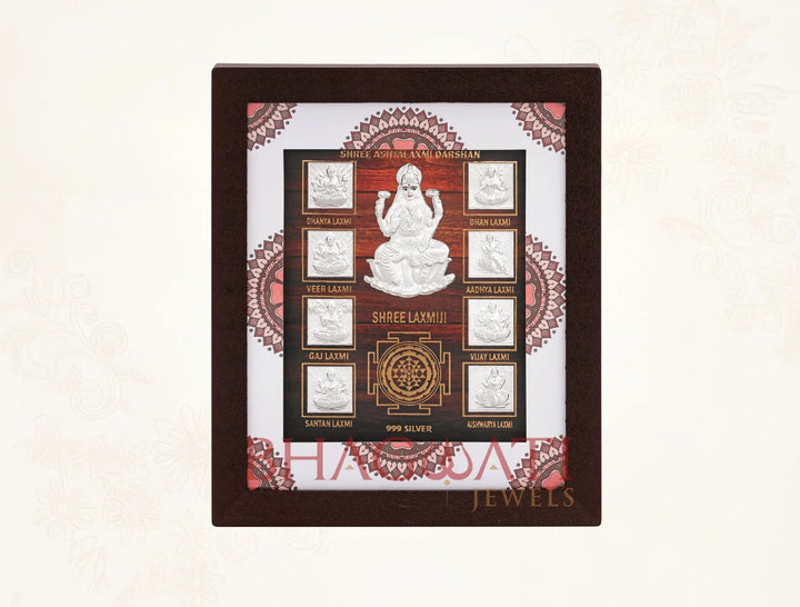 999 Pure Silver Ashta Laxmi Frame by Bhagwati Jewels, featuring intricate divine Laxmi goddess design for home decor.