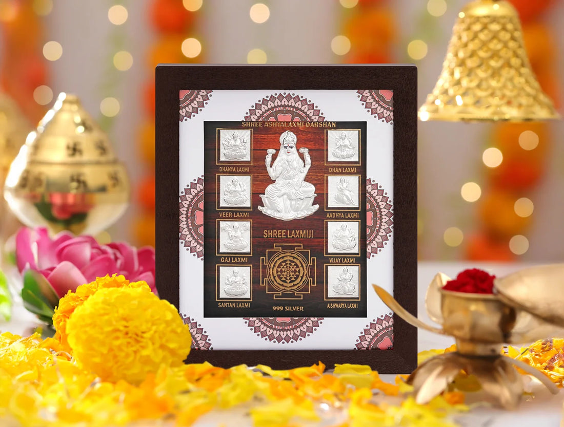 999 Pure Silver Ashta Laxmi Frame by Bhagwati Jewels, featuring intricate designs for divine home decor.
