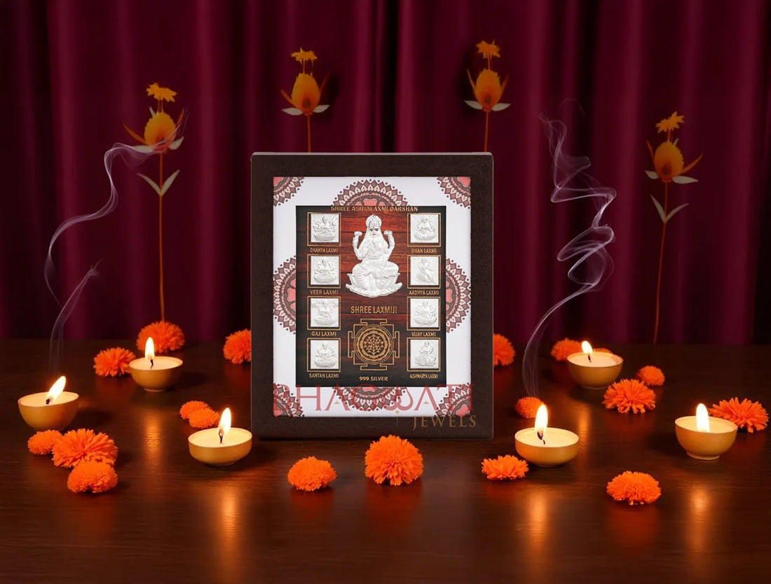 999 Pure Silver Ashta Laxmi Frame by Bhagwati Jewels featuring intricate Laxmi deity design for divine home decor.