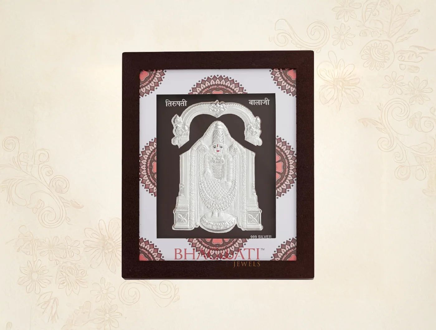 Pure silver Tirupati Balaji frame with gold accents, designed for divine home decor by BHAGWATI JEWELS.