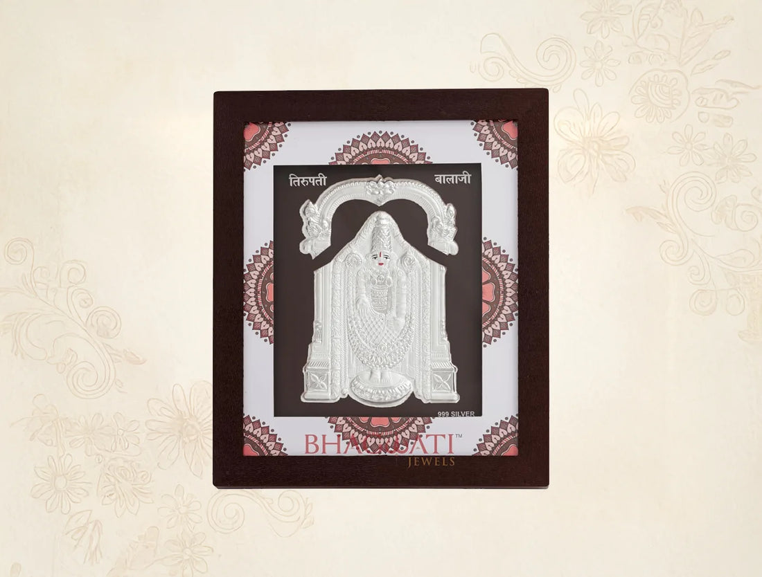 Pure silver Tirupati Balaji frame with gold accents, designed for divine home decor by BHAGWATI JEWELS.