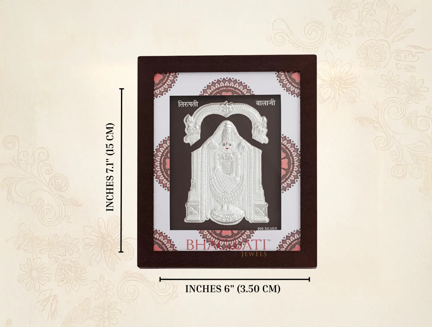 Gold framed Pure Silver Tirupati Balaji image from Bhagwati Jewels, ideal for divine home decor display.