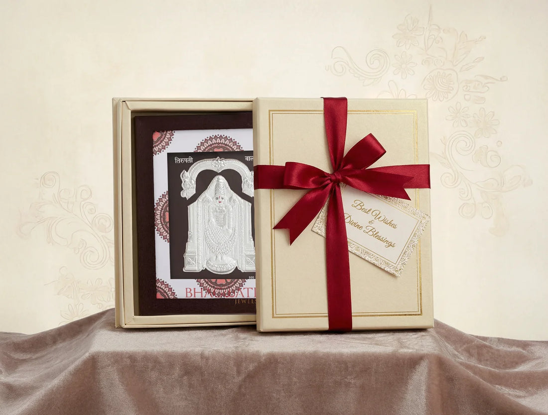 Gold framed Pure Silver Tirupati Balaji divine home decor by BHAGWATI JEWELS, featuring intricate silver and gold detailing.