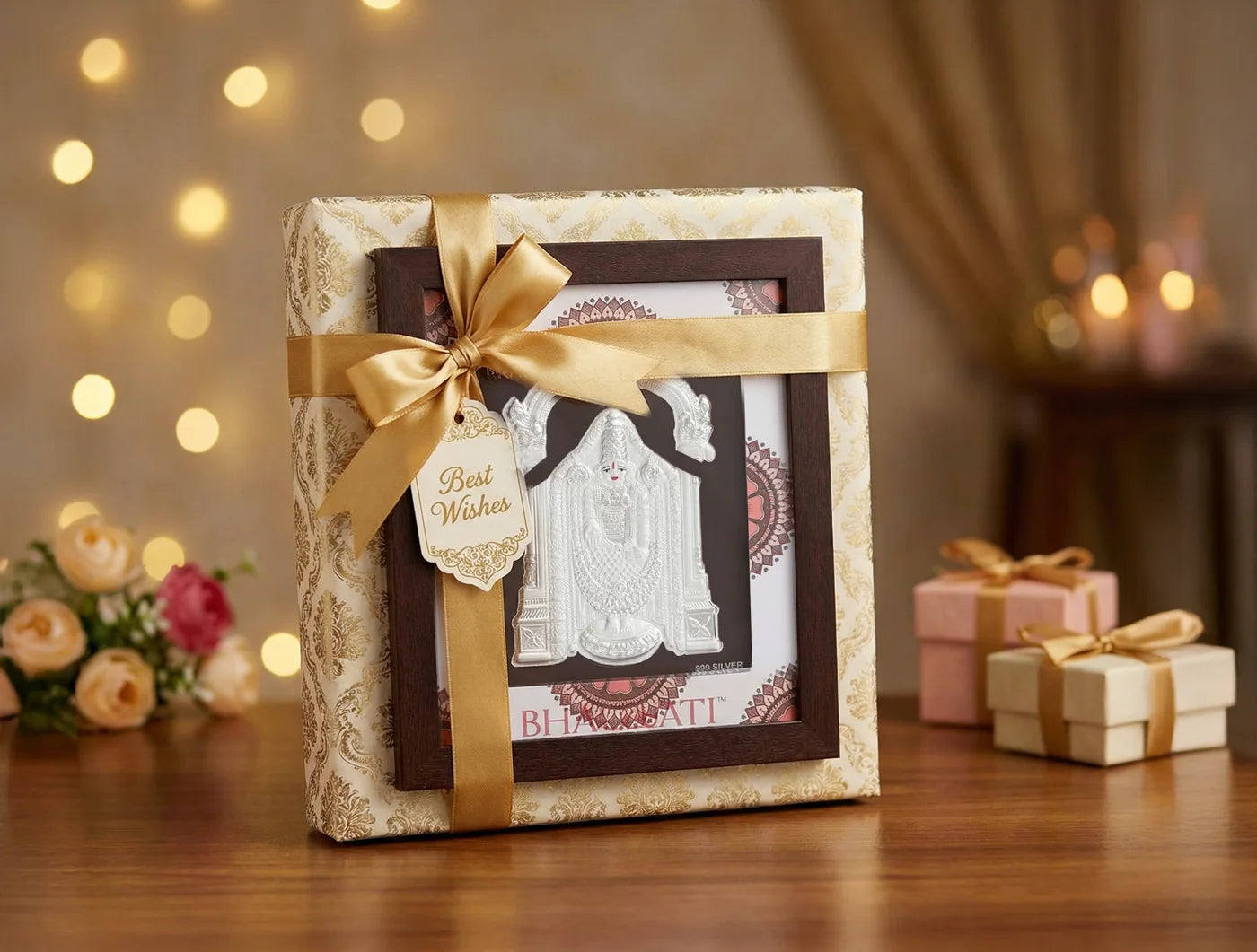 Gold frame featuring a pure silver Tirupati Balaji deity image, perfect for divine home decor by BHAGWATI JEWELS.