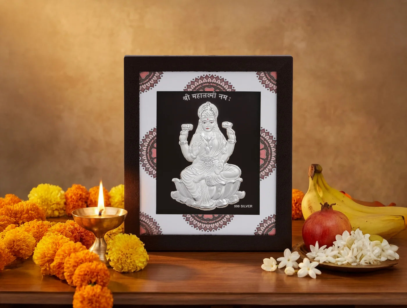 Silver Laxmiji frame by Bhagwati Jewels, divine silver home decor for office desk or hanging display, featuring intricate design.
