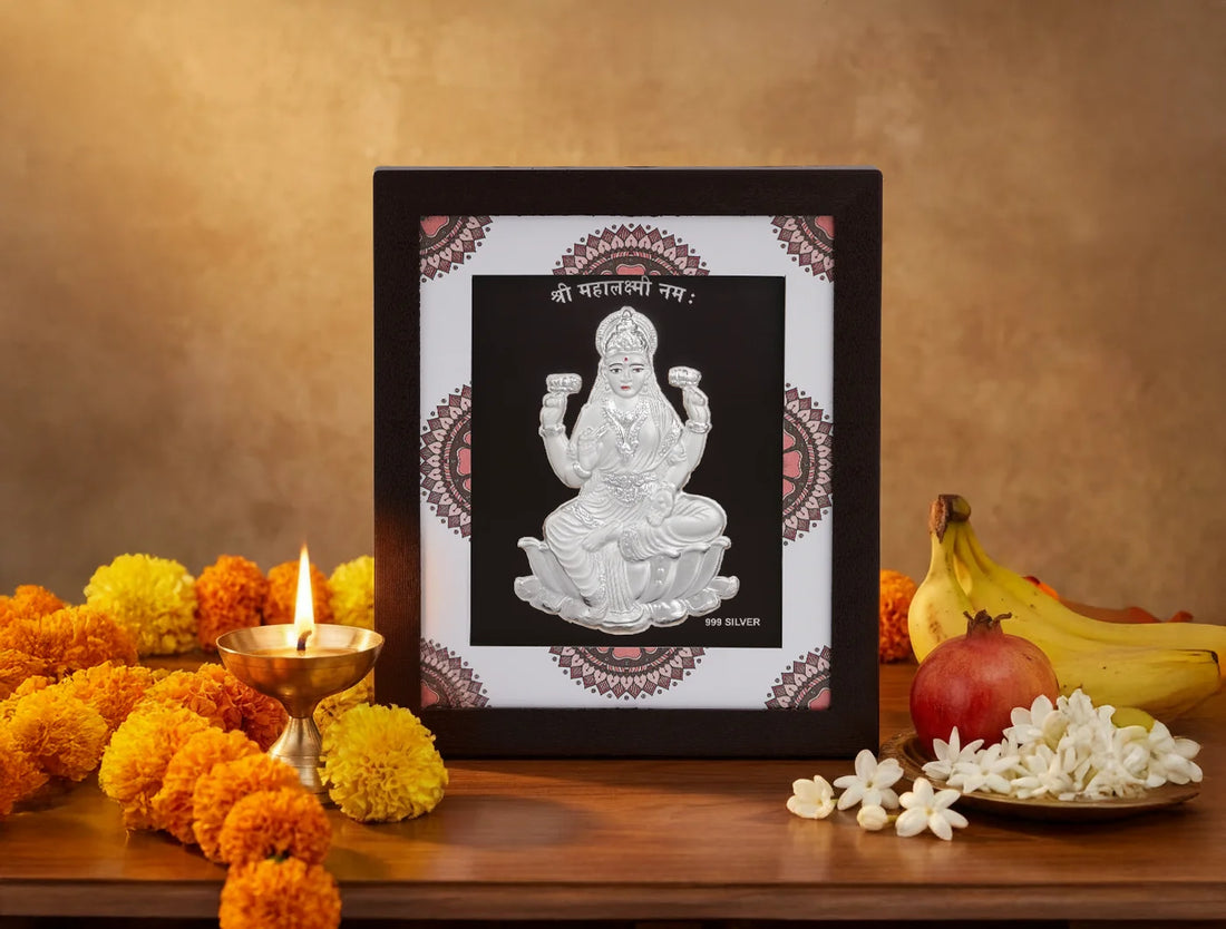 Silver Laxmiji frame by Bhagwati Jewels, divine silver home decor for office desk or hanging display, featuring intricate design.