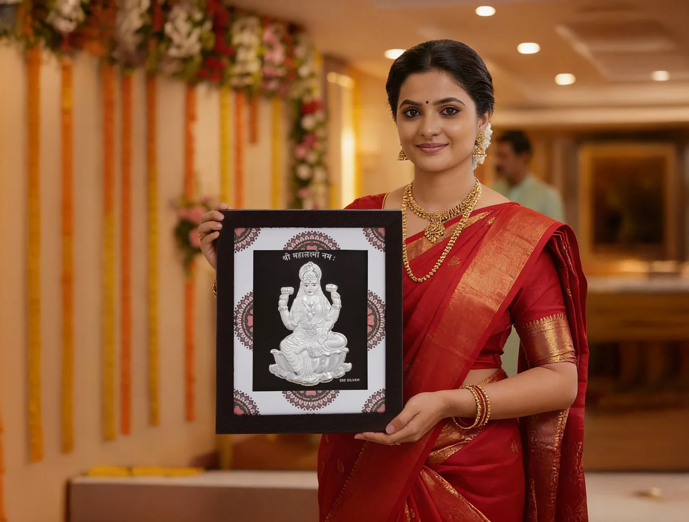 Silver Laxmiji frame by Bhagwati Jewels featuring intricate design, perfect for home or office decor, hanging style.