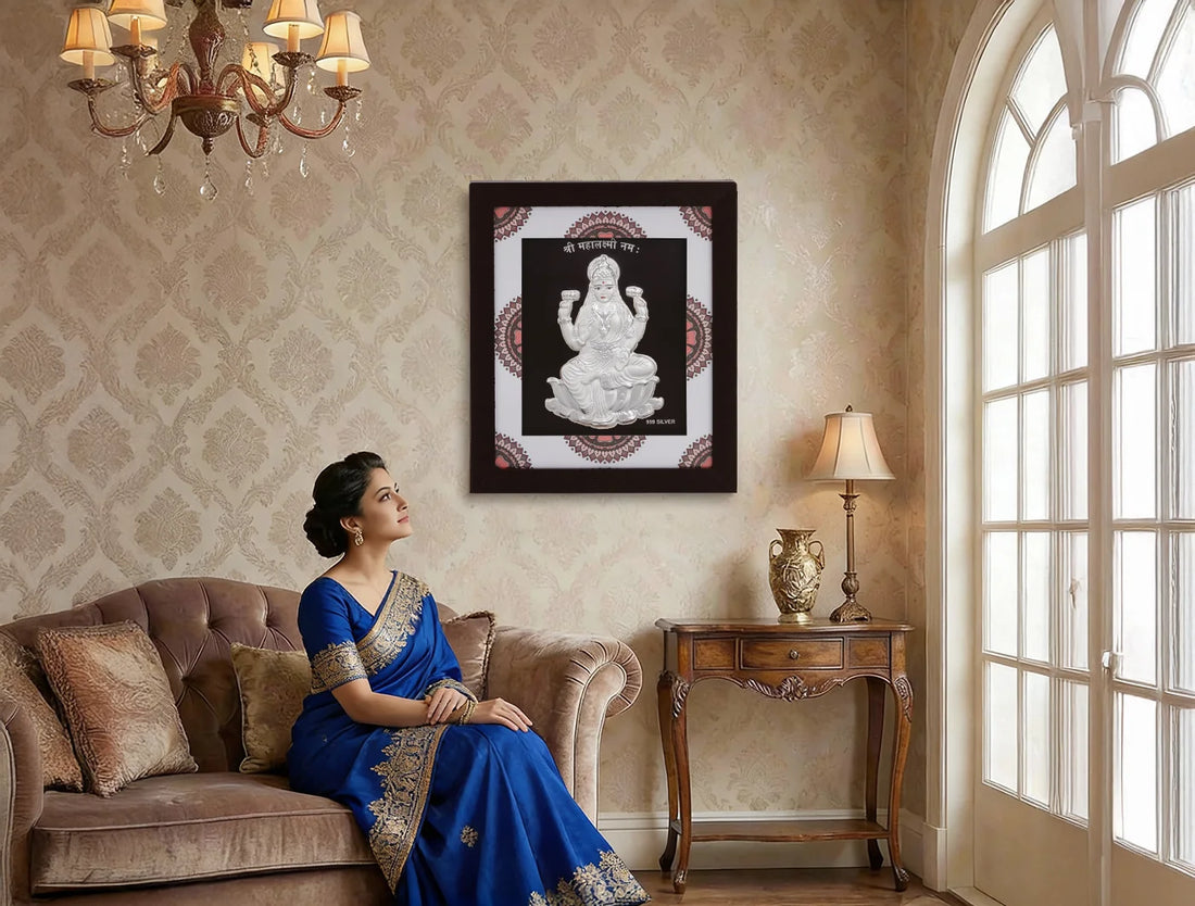 Pure silver Laxmiji frame by Bhagwati Jewels, decorative hanging home decor and office desk silver gift item.