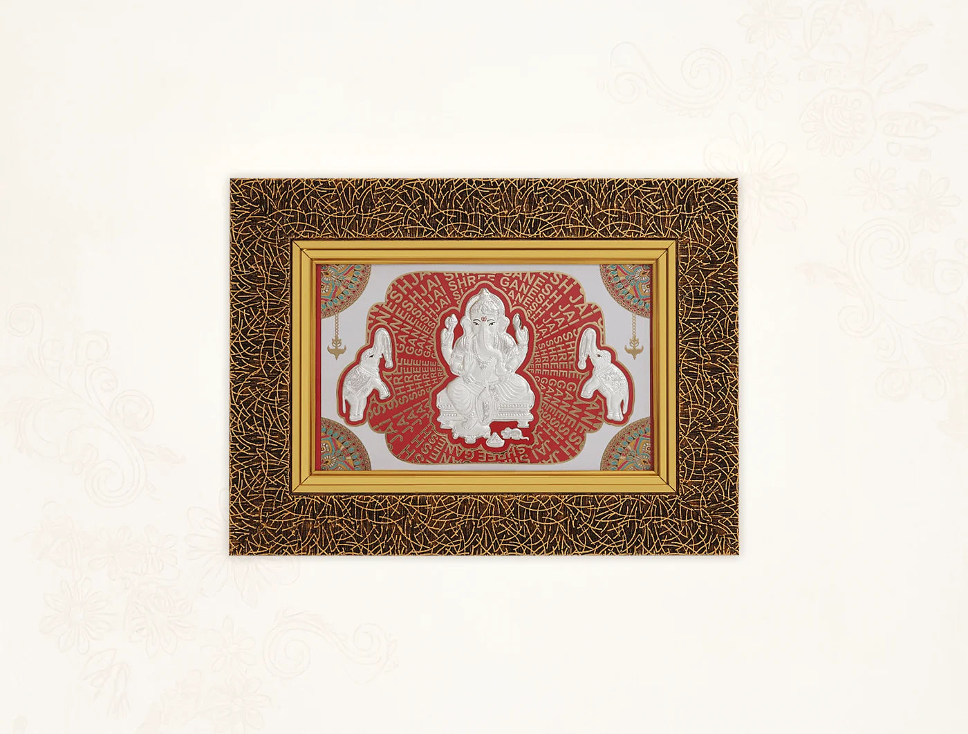 Square 13x10 inch BHAGWATI JEWELS 999 Pure Silver Ganesh Frame, wall mount photo frame with intricate silver design and hanging display.