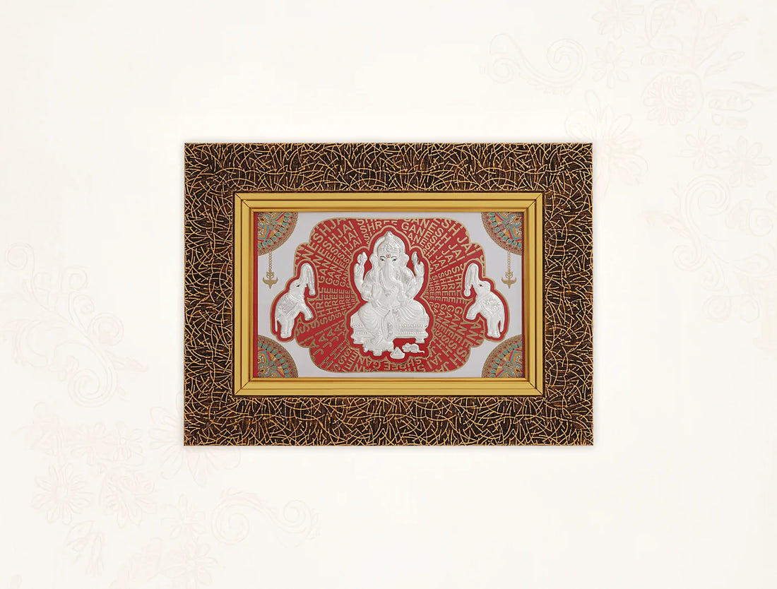 Square 13x10 inch BHAGWATI JEWELS 999 Pure Silver Ganesh Frame, wall mount photo frame with intricate silver design and hanging display.