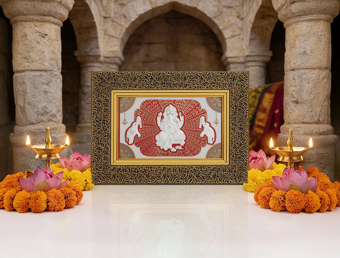 999 Pure Silver Ganesh Frame by Bhagwati Jewels, wall mount silver photo hanging frame with intricate Ganesh design.