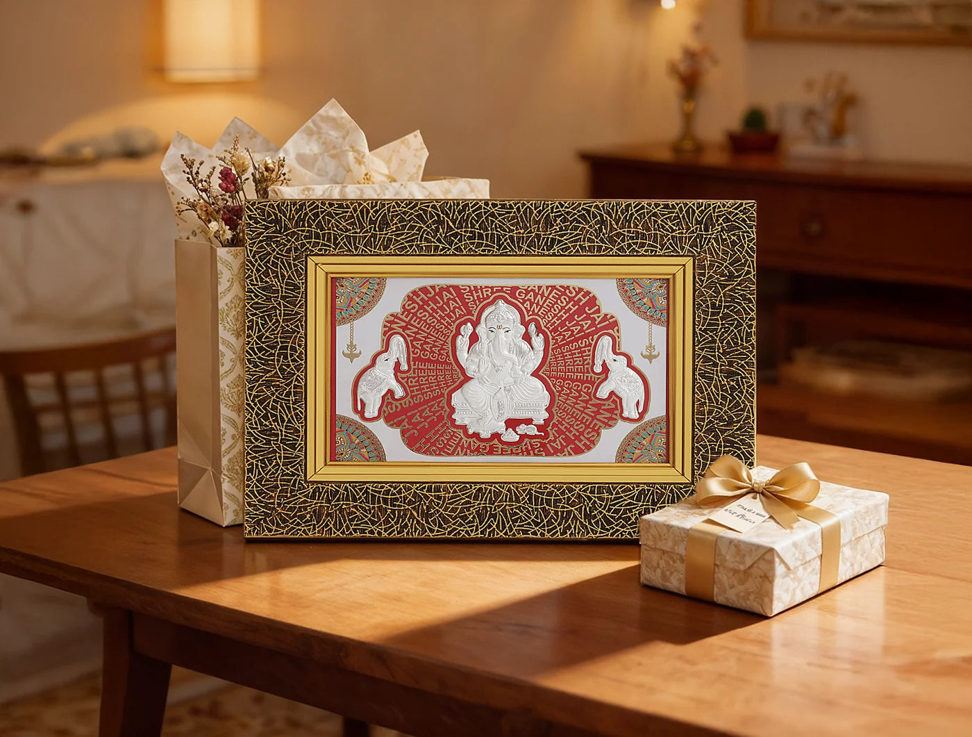 999 Pure Silver Ganesh Frame by Bhagwati Jewels, 13x10 inches wall mount photo frame in pure silver with intricate Ganesh design.