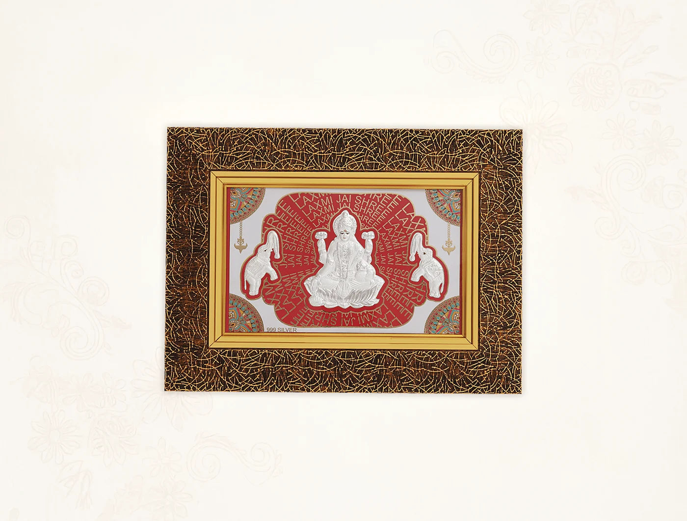 999 Pure Silver Laxmi Frame by Bhagwati Jewels, 13x10 inch wall-mounted divine home decor with intricate silver design for temple or office decor.