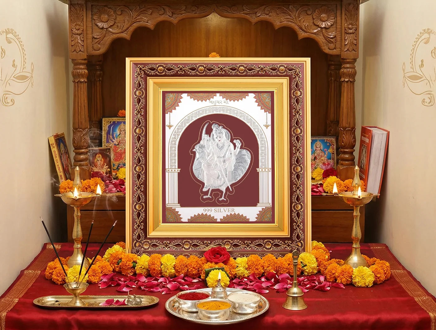 Silver Bahucharmaa wall mount frame by Bhagwati Jewels, square photo display in 999 pure silver, 10.5 x 9 inches.