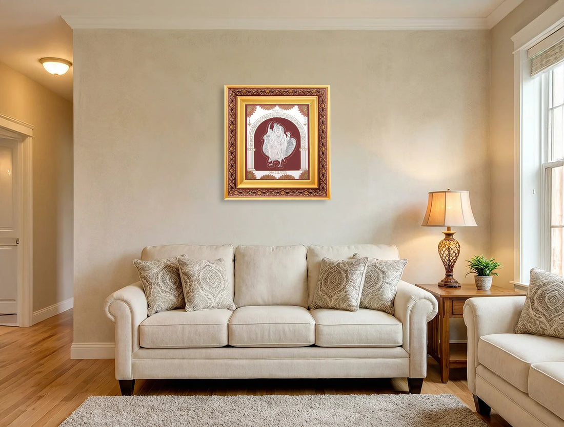 Silver frame for photo of BAHUCHARMAA, wall mount square design in 999 pure silver, 10.5x9 inches, by Bhagwati Jewels.