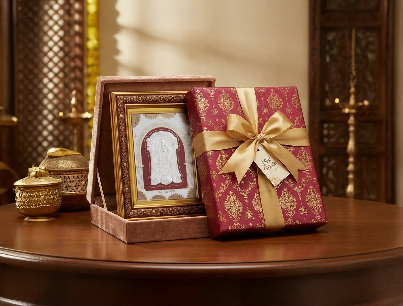 Silver Tirupati Balaji frame by Bhagwati Jewels, divine wall mount decor featuring intricate silver craftsmanship.