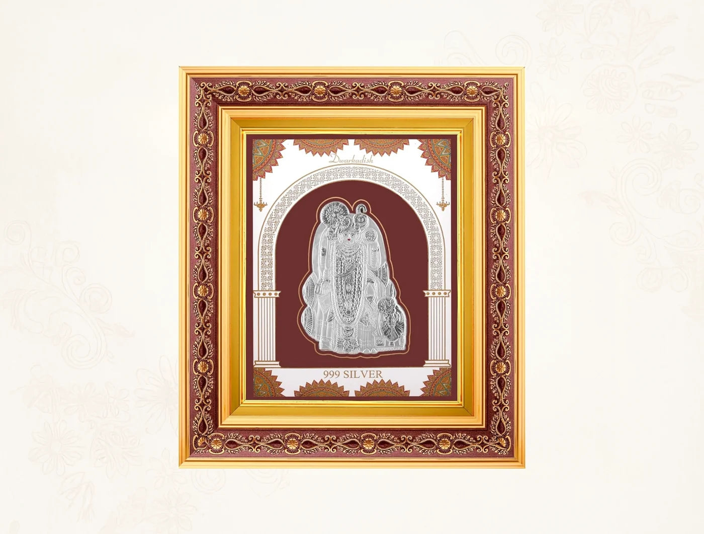 999 Pure Silver Dwarkadhish Frame by Bhagwati Jewels, wall-mount square photo frame in copper with wooden finish for home or temple decor.