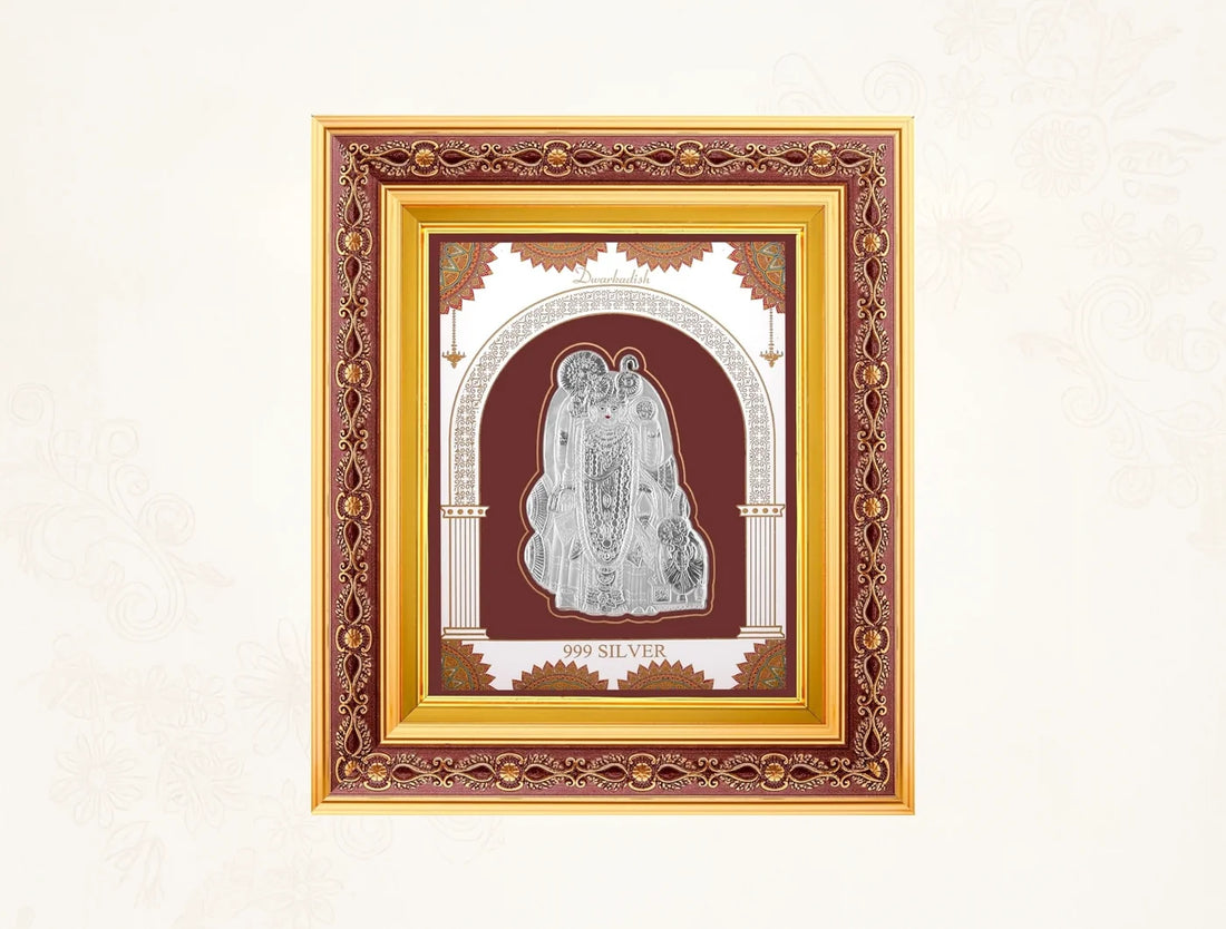 999 Pure Silver Dwarkadhish Frame by Bhagwati Jewels, wall-mount square photo frame in copper with wooden finish for home or temple decor.