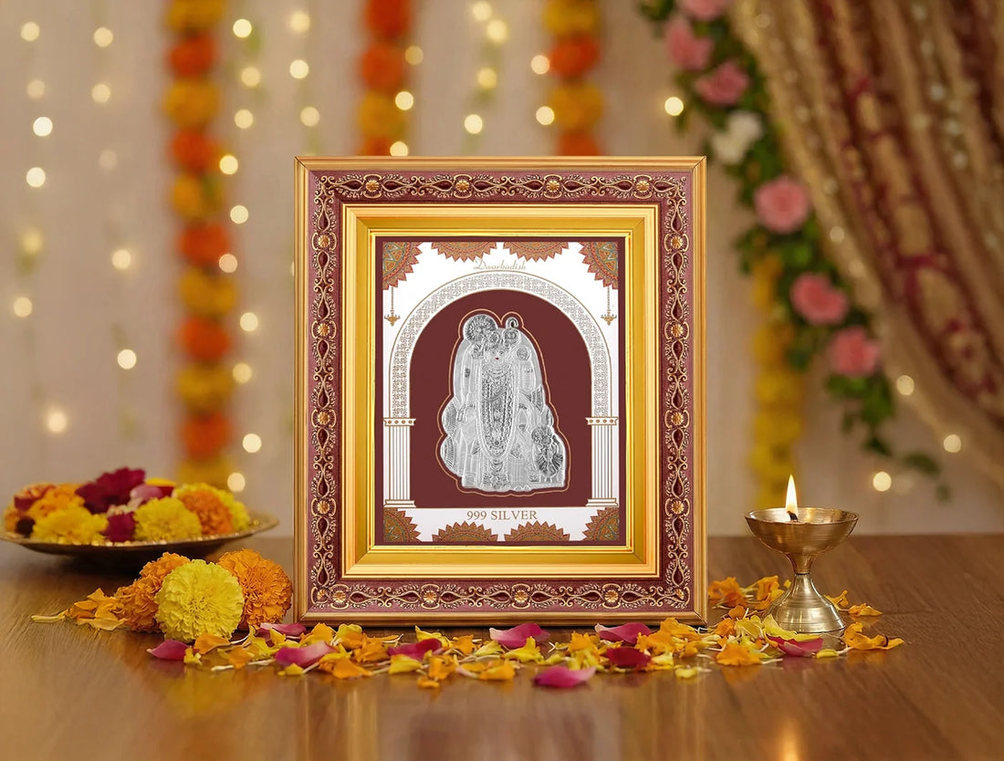 999 Pure Silver Dwarkadhish Frame by Bhagwati Jewels, wooden square wall mount silver frame for home, gift, or temple decor.