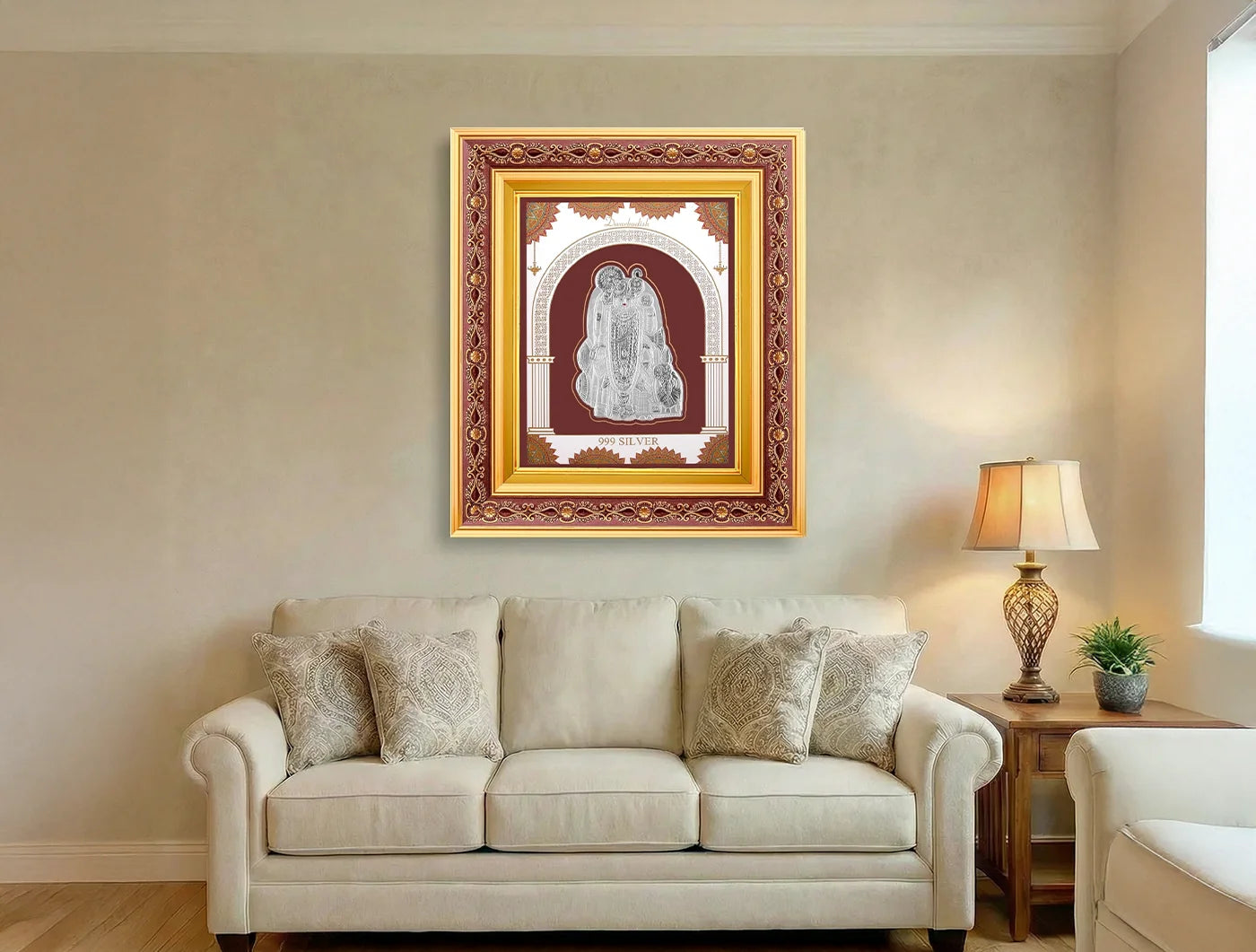 999 Pure Silver Dwarkadhish Frame by Bhagwati Jewels, square wall mount photo frame with wooden and copper accents for home or temple decor.