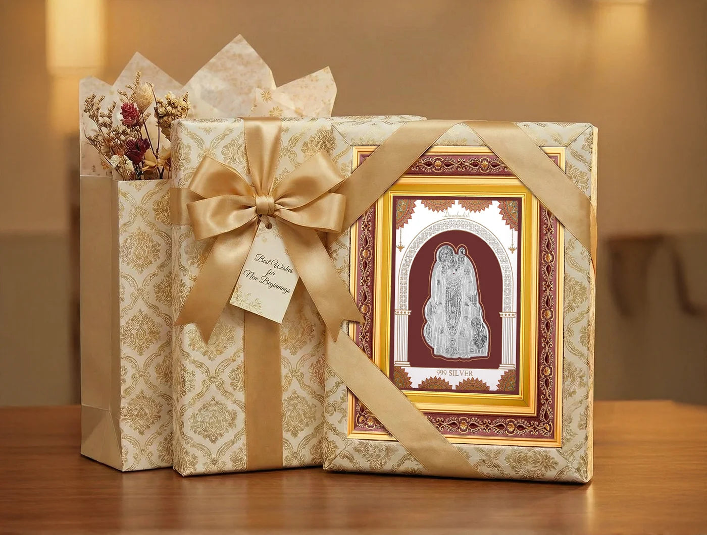 999 Pure Silver Dwarkadhish Frame by Bhagwati Jewels, square wooden wall mount frame for home decor, temple, or office display.