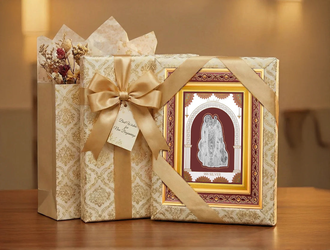999 Pure Silver Dwarkadhish Frame by Bhagwati Jewels, square wooden wall mount frame for home decor, temple, or office display.