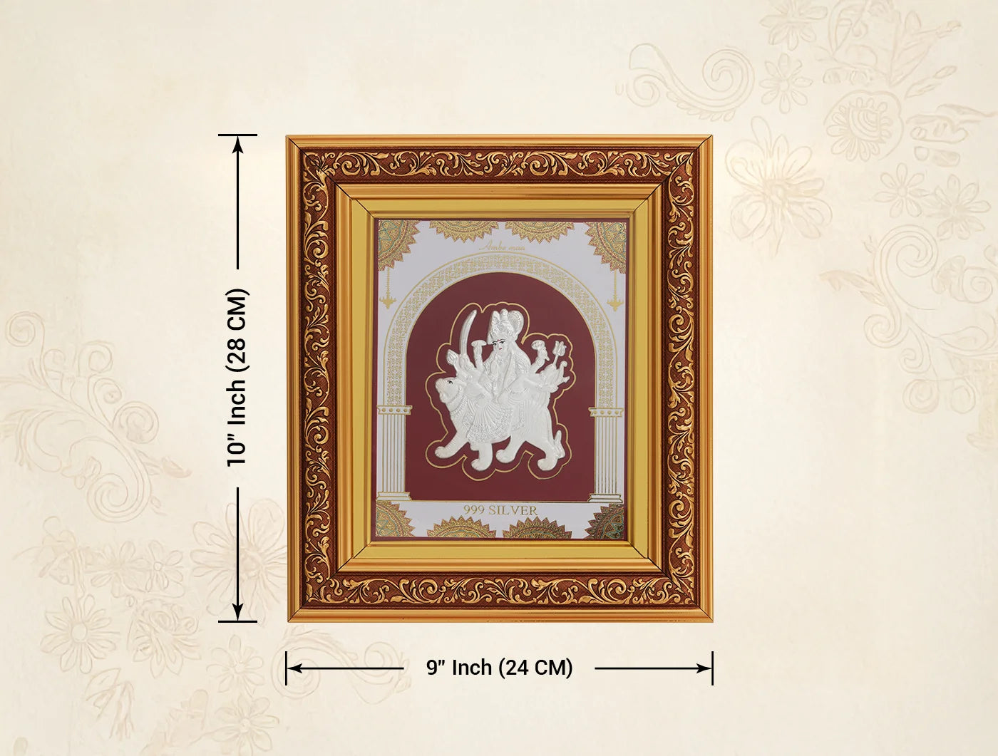 Silver frame featuring the Durgamaa design in 999 pure silver with a copper frame, crafted by Bhagwati Jewels.