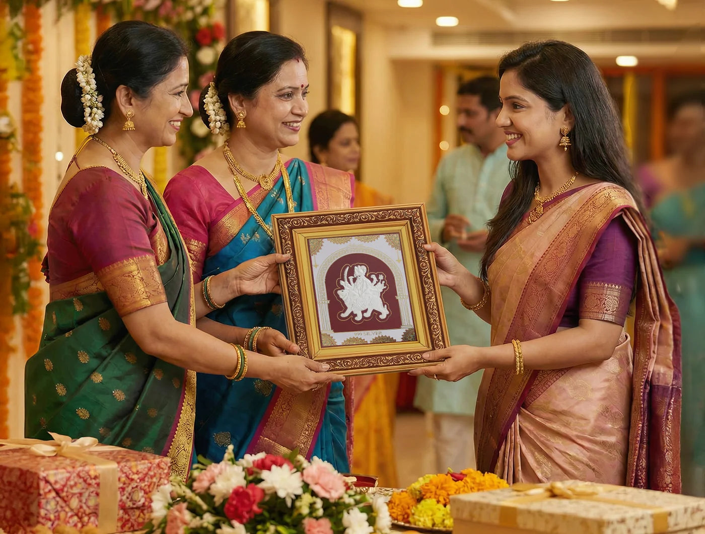 Silver frame with intricate design featuring the Durgamaa motif, crafted from 999 pure silver with a copper frame by Bhagwati Jewels.