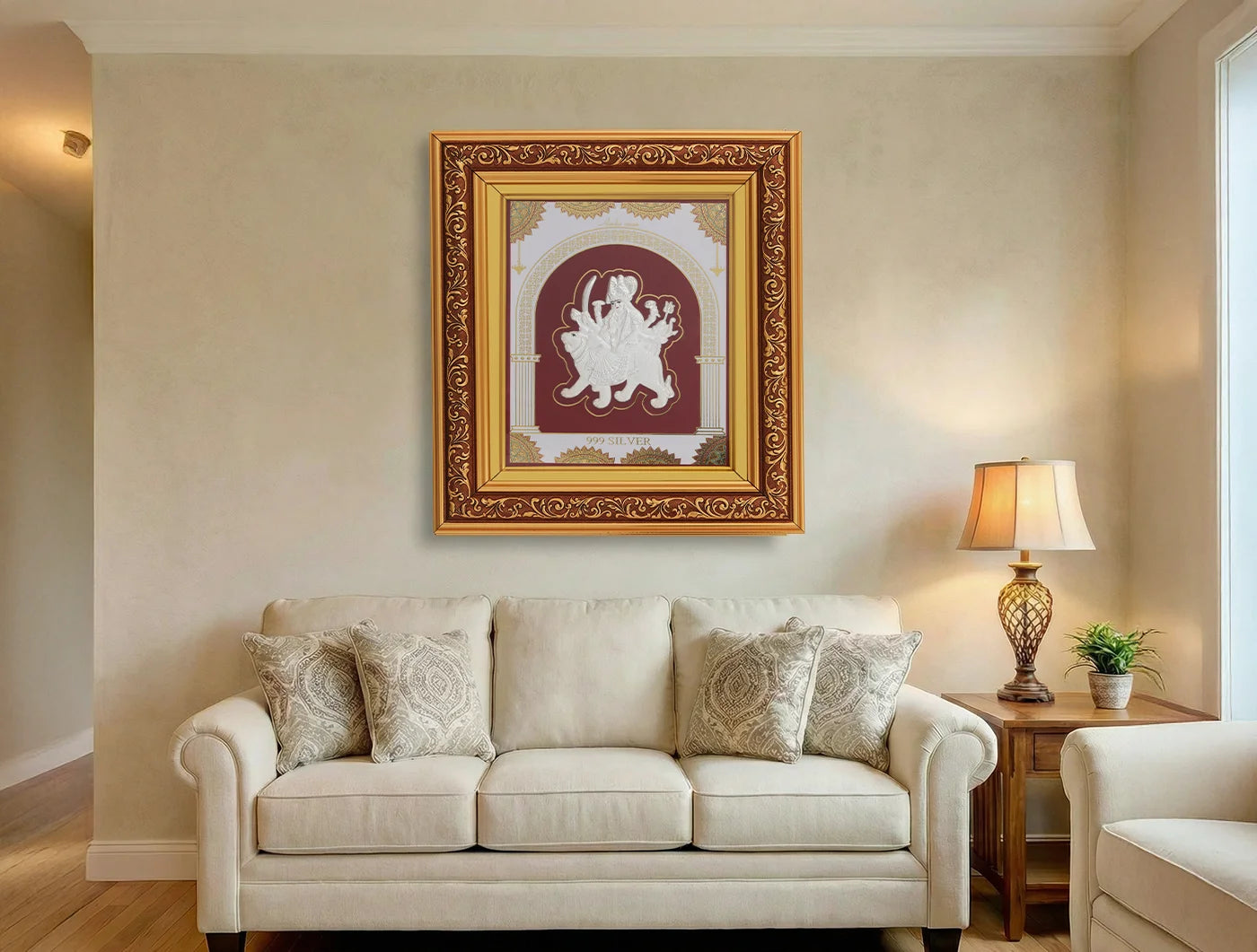 Silver frame featuring the Durgamaa design in 999 pure silver with a copper frame, from Bhagwati Jewels.