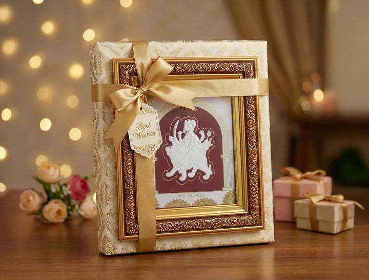 Silver frame featuring the Durgamaa design in 999 pure silver with a copper frame by Bhagwati Jewels.