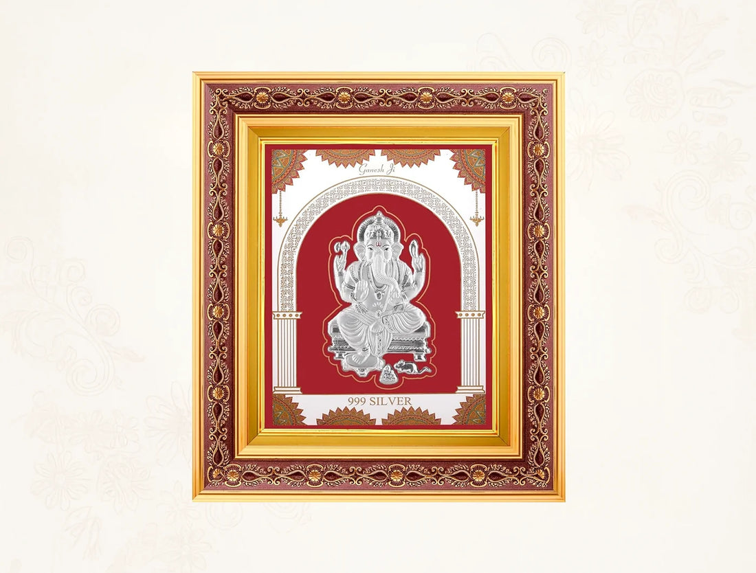 999 Pure Silver Ganeshji Frame in copper with 999 pure silver, 10.5x9 inches, featuring intricate design, ideal for gifting.