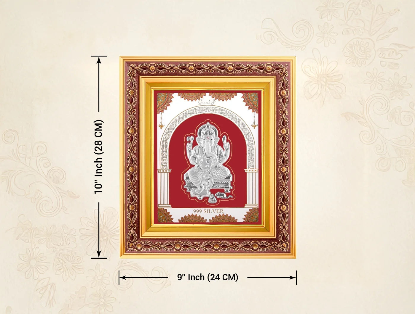 999 Pure Silver Ganeshji Frame by Bhagwati Jewels with copper border, wall mount, 10.5x9 inches, perfect for gift or display.