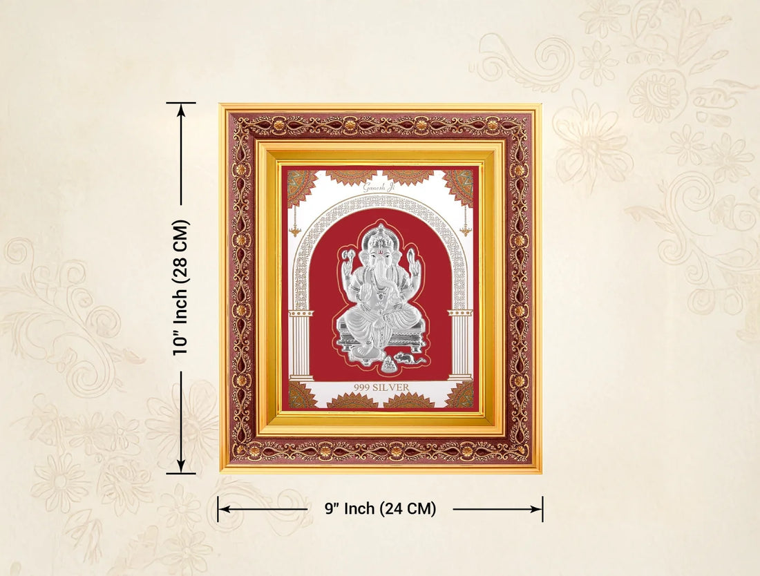 999 Pure Silver Ganeshji Frame by Bhagwati Jewels with copper border, wall mount, 10.5x9 inches, perfect for gift or display.