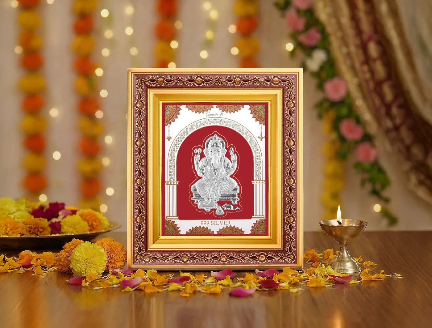 999 Pure Silver Ganeshji Frame by Bhagwati Jewels, 10.5 x 9 inches, copper frame with pure silver Ganesh image for gifting or decor