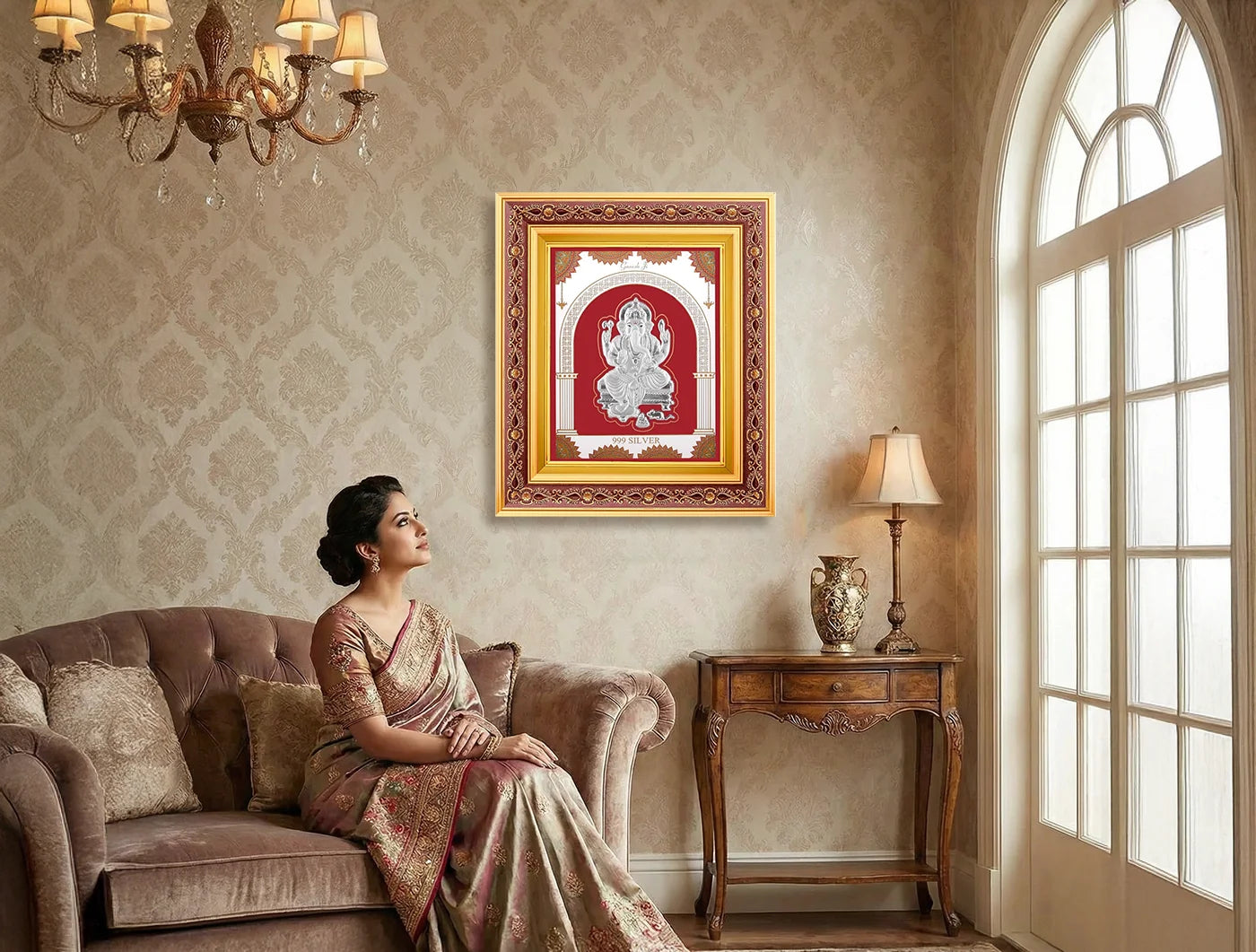 999 Pure Silver Ganeshji Frame with copper border, wall mount design, perfect for gifting, 10.5x9 inches, by Bhagwati Jewels.