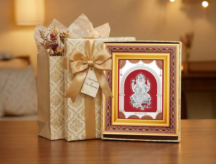 Square silver Ganeshji frame by Bhagwati Jewels, 10.5x9 inch copper wall mount photo frame with pure silver detailing.