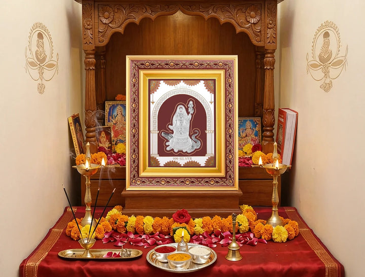 Silver Khodiyarmaa wall mount frame by Bhagwati Jewels, square copper frame for 10.5 x 9-inch photos, elegant silver finish.