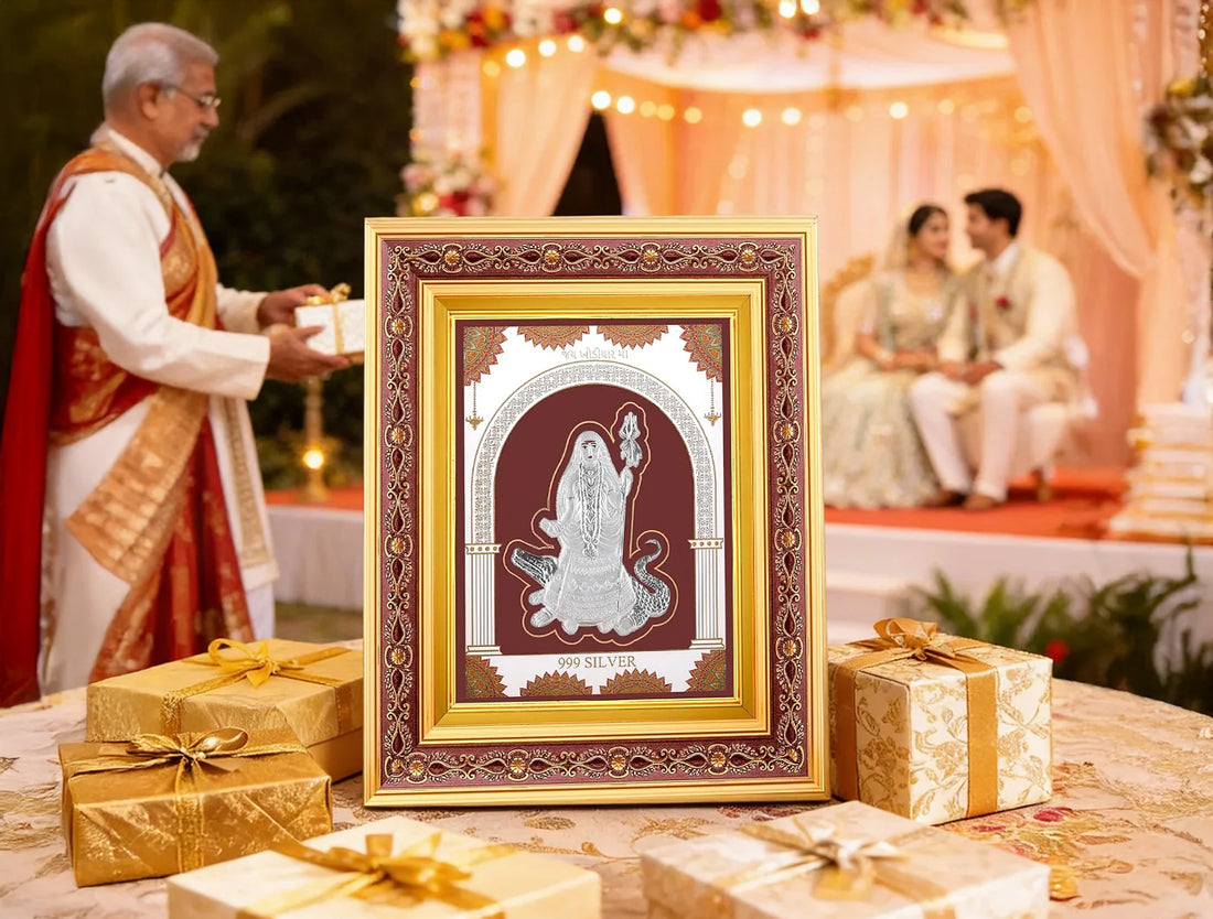 Silver Khodiyarmaa wall mount frame by Bhagwati Jewels, square copper frame with 999 pure silver for photo display.