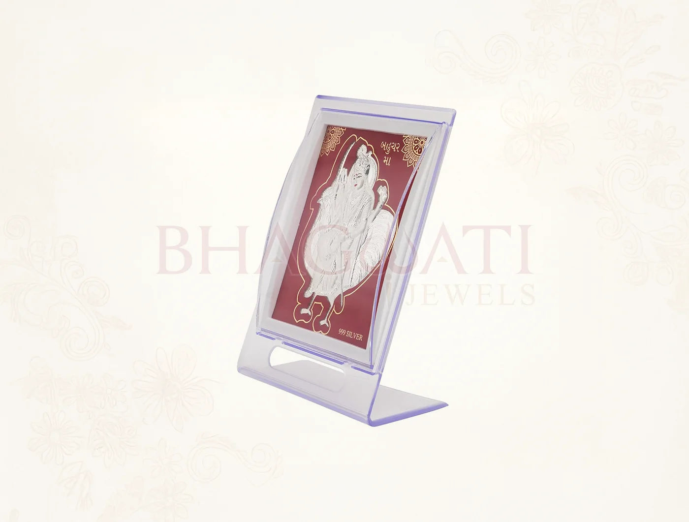 Silver frame by Bhagwati Jewels featuring 999 pure silver, acrylic rectangle stand, 7x5 inch size for display.