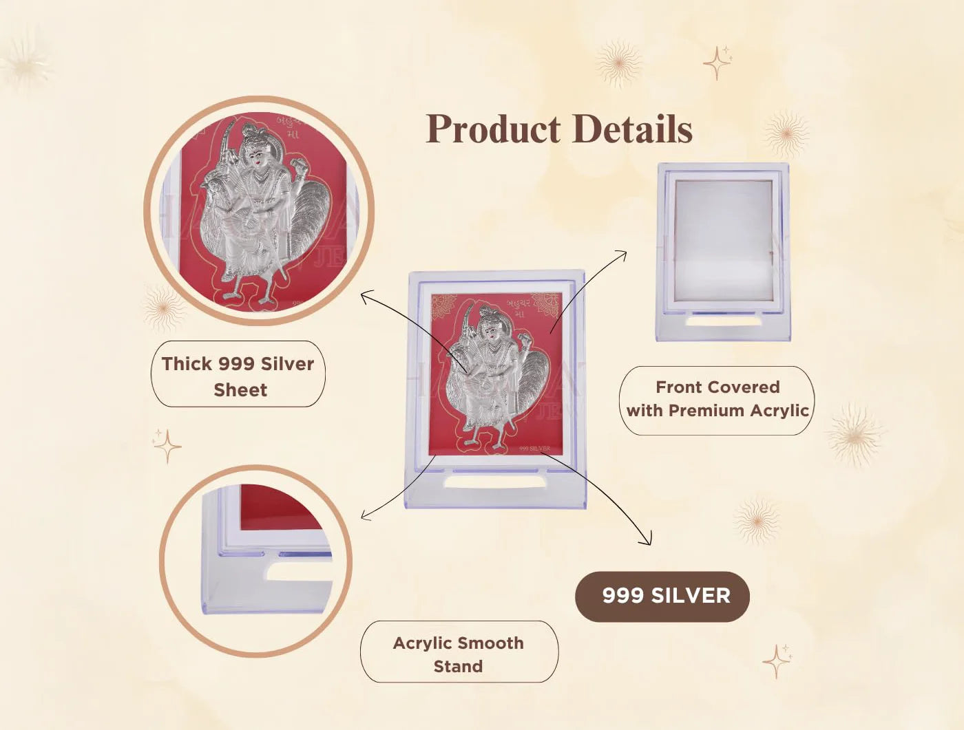 Bahucharmaa 999 pure silver frame with acrylic rectangle stand, 7x5 inch size, by Bhagwati Jewels, shown with artwork or photo.