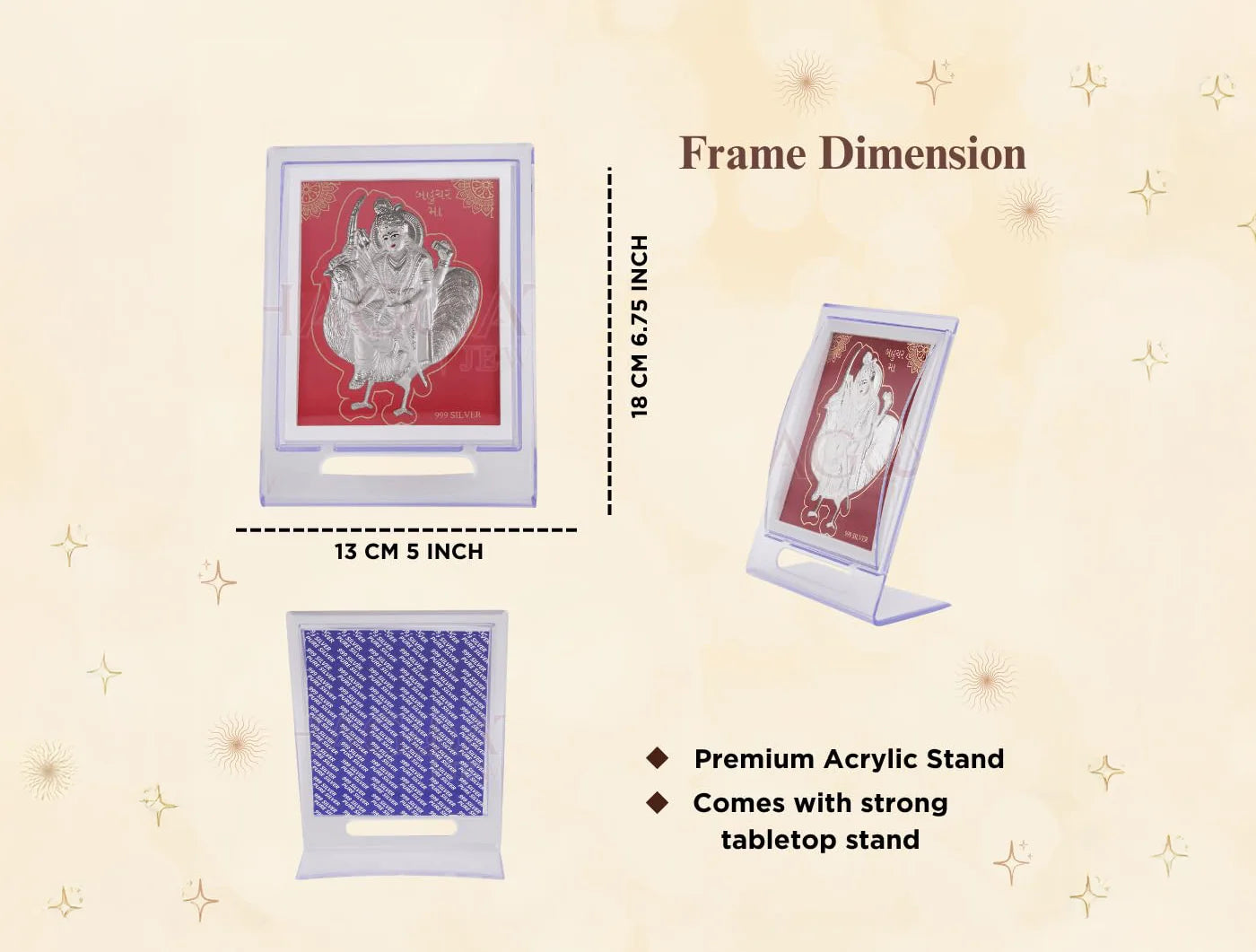 Silver frame by Bhagwati Jewels featuring 999 pure silver, acrylic rectangle stand, 7x5 inch size for displaying photos or artwork.